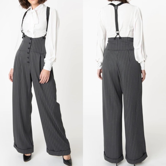 Unique Vintage Pants - Unique Vintage Charcoal Grey Pinstripe Thelma Suspender Pants Trousers Large 10